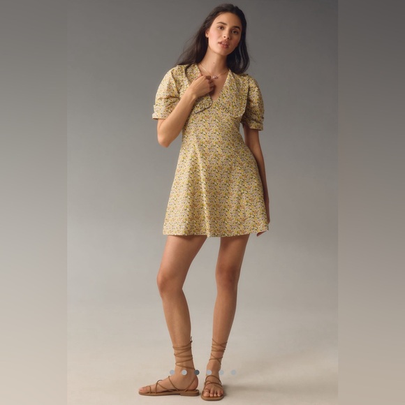 NEW Anthropologie Short-Sleeve Collared Printed Mini Dress, Yellow, Size 8 - Picture 3 of 9